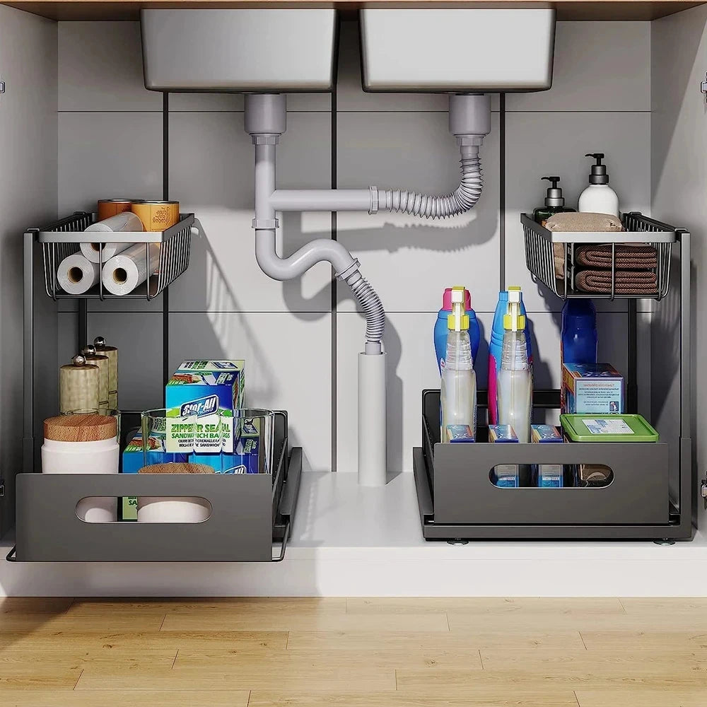 Under Sink Organizer – 2-Tier Sliding Pull-Out Cabinet Basket for Kitchen & Bathroom