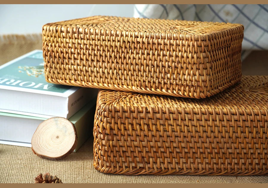 Handwoven Basket Organizer Wicker Basket Rectangular Rattan Basket Storage Tray Bread Fruit Picnic Basket Cosmetic Storage Box