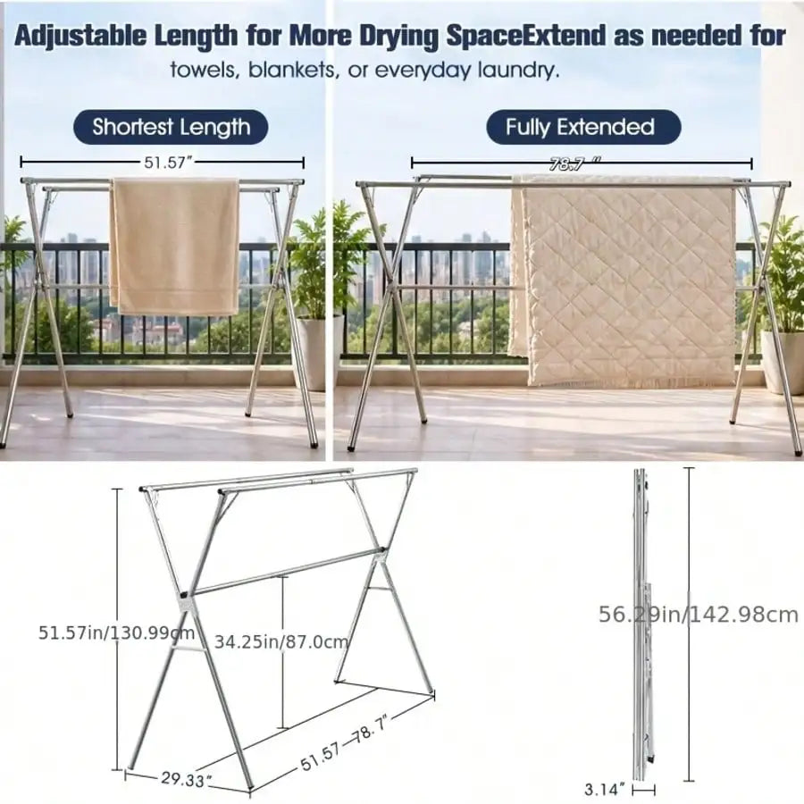 foldable stainless steel drying rack adjustable from 51.5 to 78.7 inches with towels and blankets drying indoors and outdoors