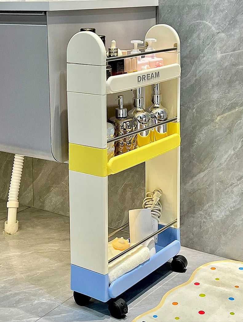 Multi-Tier Bathroom Floor Shelf Adjustable 5-Layer Shower Organizer with Wheels Space-Saving Storage Rack for Kitchen Essentials
