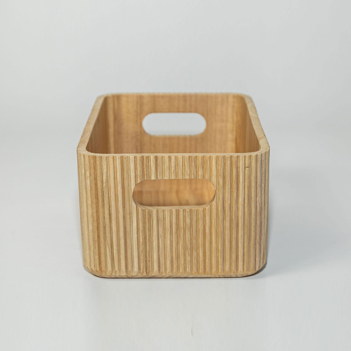 Small natural wooden ribbed storage bin