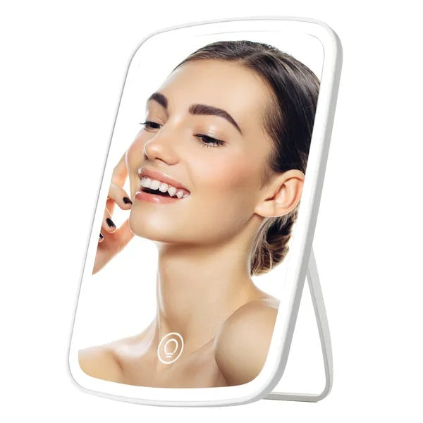 rechargeable LED makeup mirror with 3 light modes and 40 LEDs for clear, even lighting during makeup and skincare