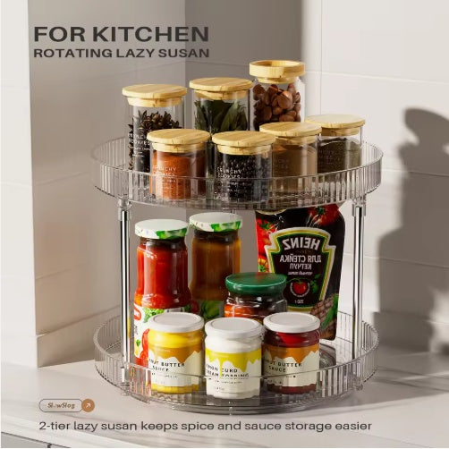 2-tier lazy susan spice organizer with rotating clear glass jars for kitchen cabinet storage