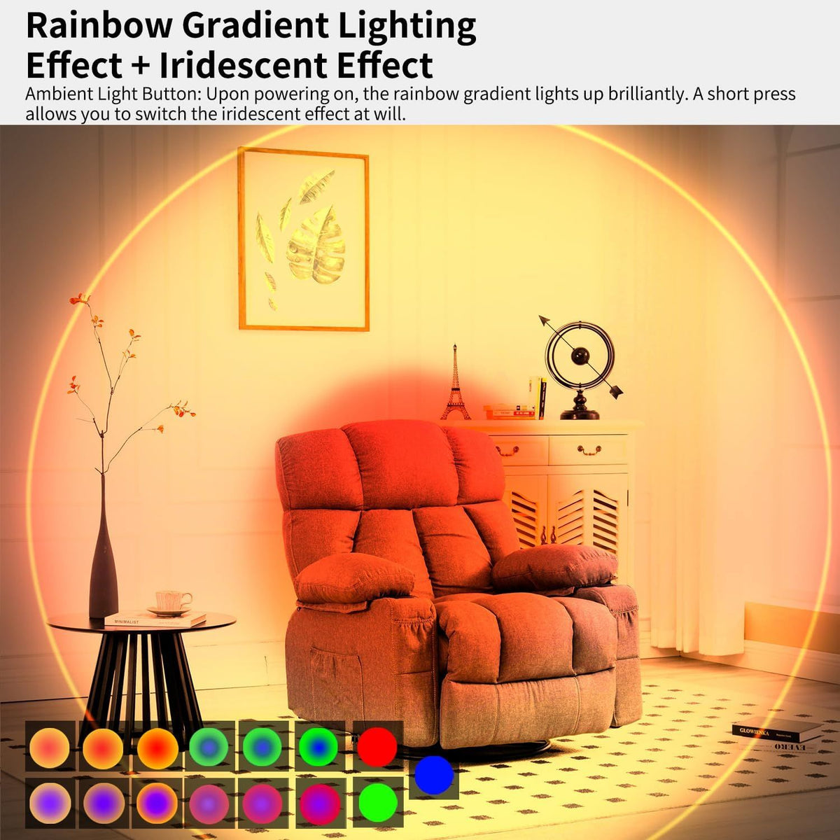 Rechargeable motion sensor night light with rainbow gradient and iridescent color modes lighting a living room