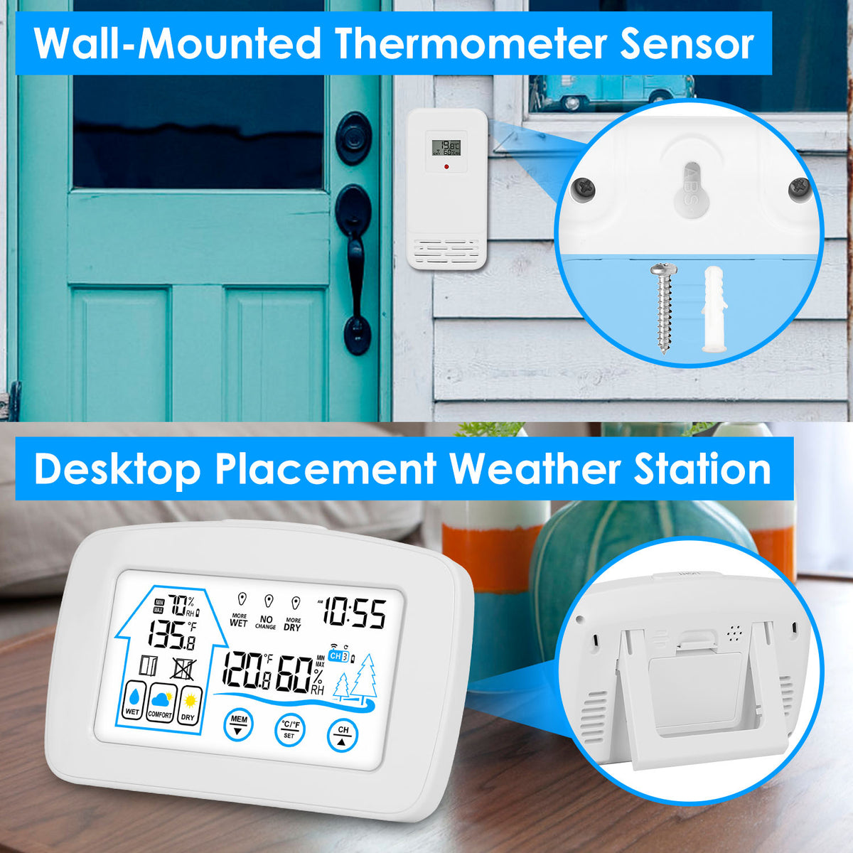 Wall-mounted outdoor thermometer sensor and desktop weather station display