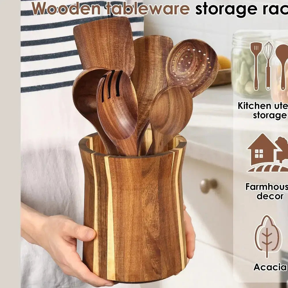 360° rotating acacia wood utensil holder featuring various kitchen tools for easy access and storage.