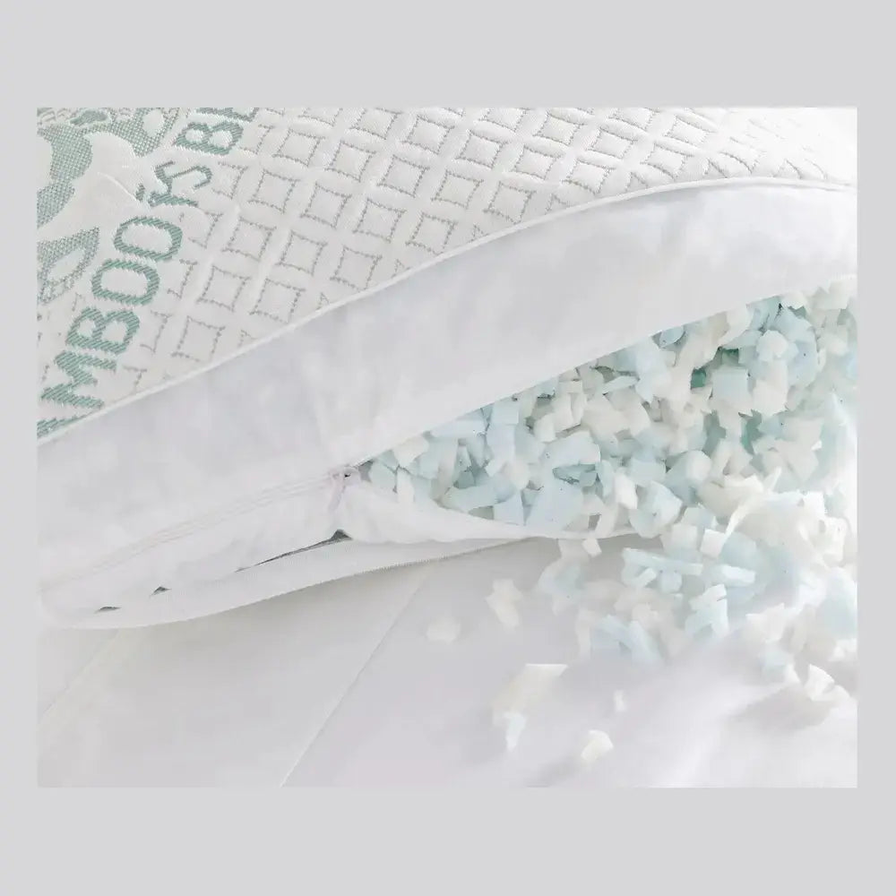 Adjustable Bamboo Cooling Pillow showcasing shredded foam filling and adjustable zipper for personalized comfort.