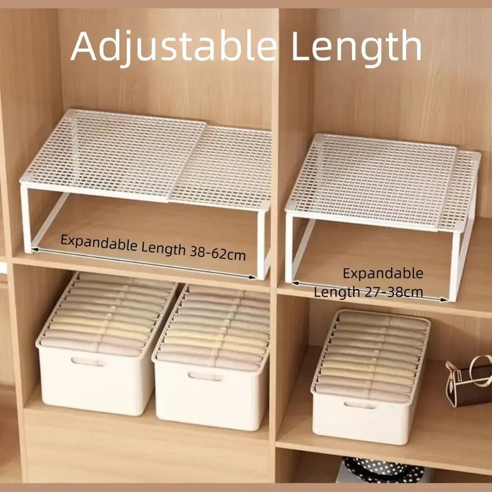 Adjustable closet shelf organizer shown fully assembled and load-tested with folded clothing.