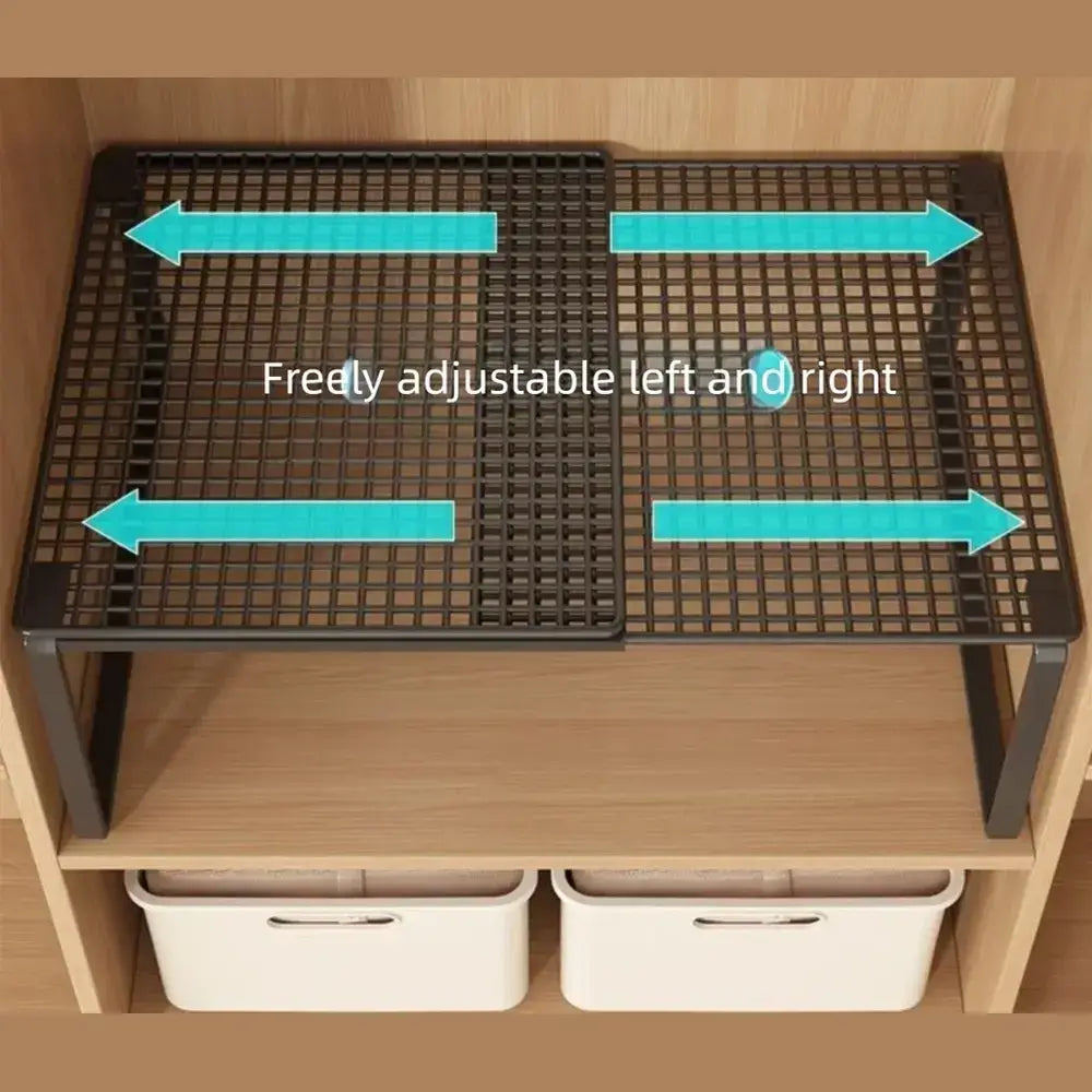 Adjustable closet shelf organizer installed in a compact closet for maximized storage.