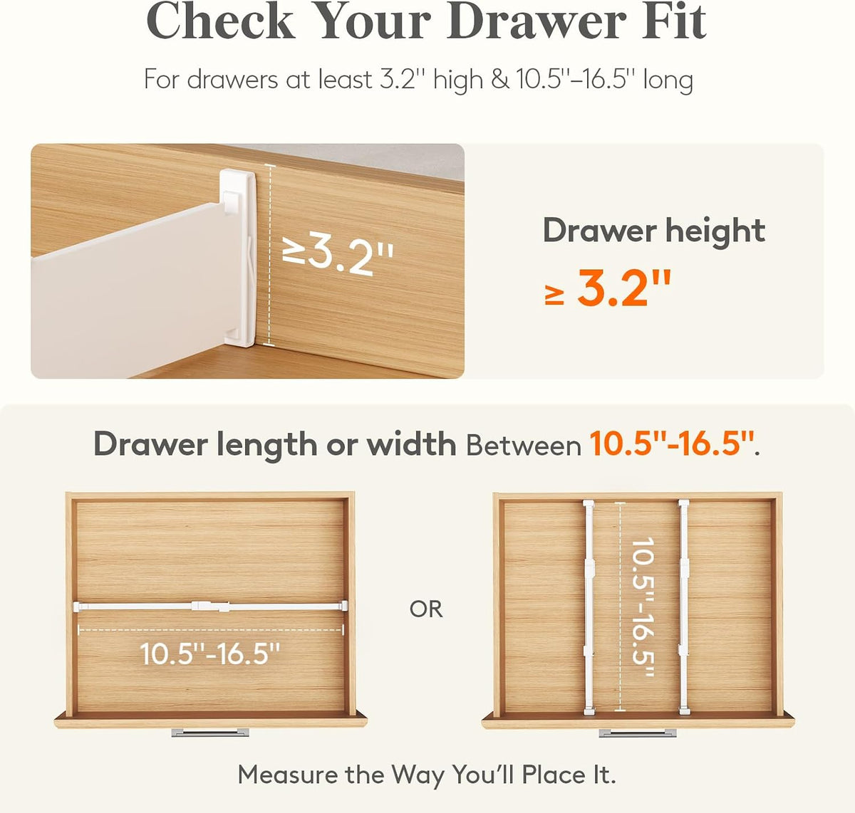 adjustable drawer dividers sizing guide showing drawer height and length measurements
