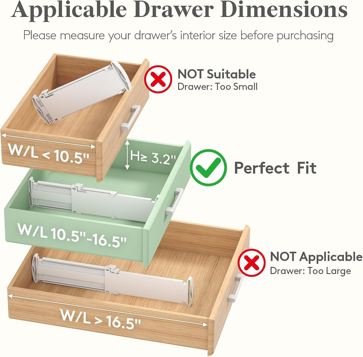 Adjustable drawer dividers sizing guide showing compatible drawer dimensions for proper fit