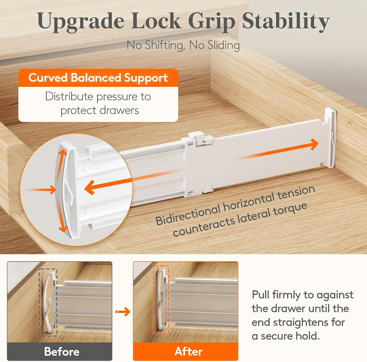 Adjustable drawer dividers with curved balanced support and bidirectional tension grip technology