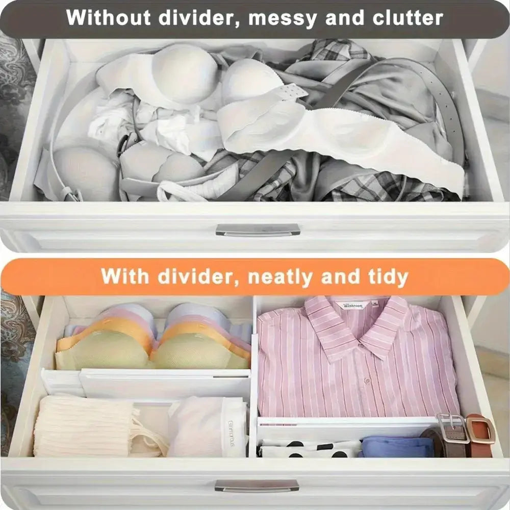 Before and after image showing drawers without and with adjustable drawer dividers, demonstrating organization and tidiness.