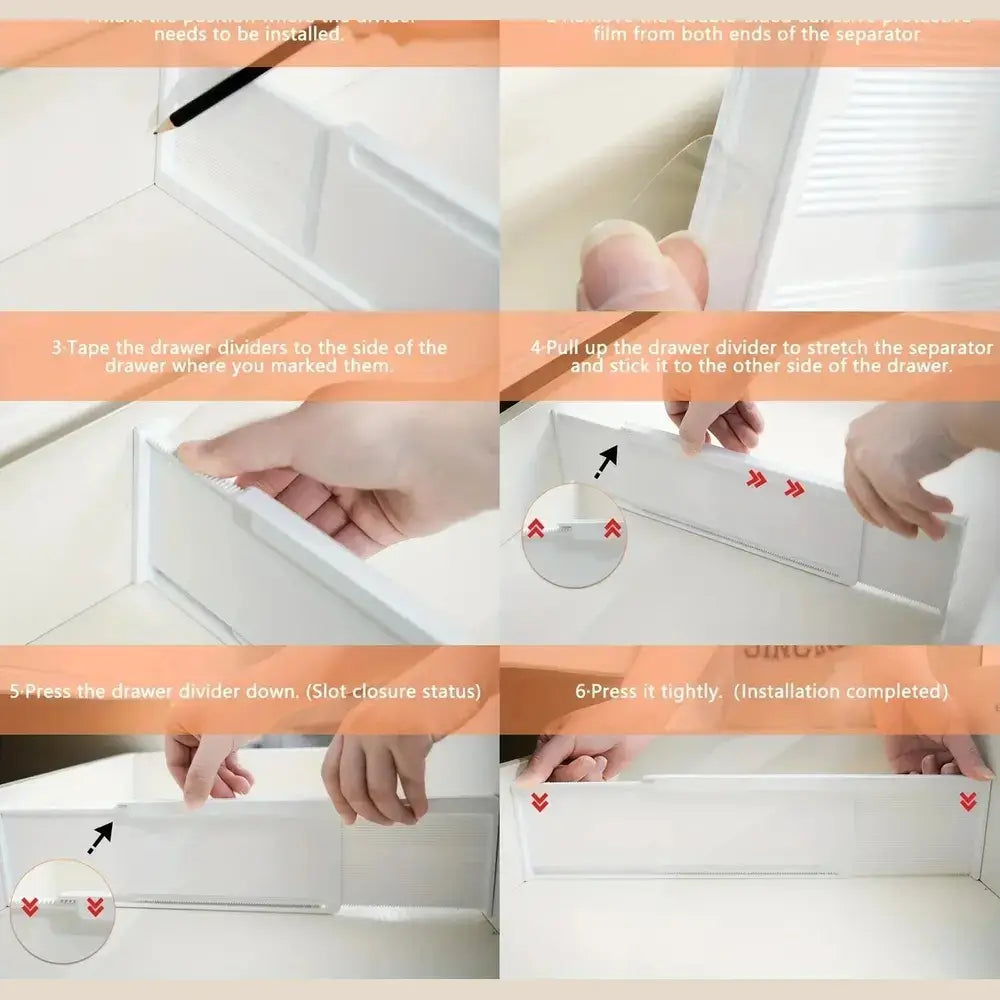 Step-by-step guide showing how to install the adjustable drawer dividers
