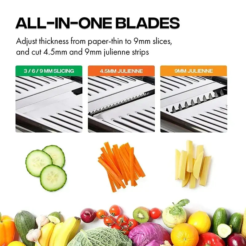 Adjustable mandoline slicer with stainless steel blades for vegetables, cheese, and fruit.