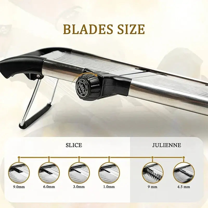 Adjustable mandoline slicer with stainless steel blades for vegetables, cheese, and fruit.