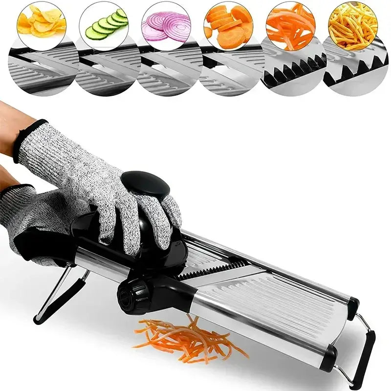 Adjustable mandoline slicer with stainless steel blades for vegetables, cheese, and fruit.