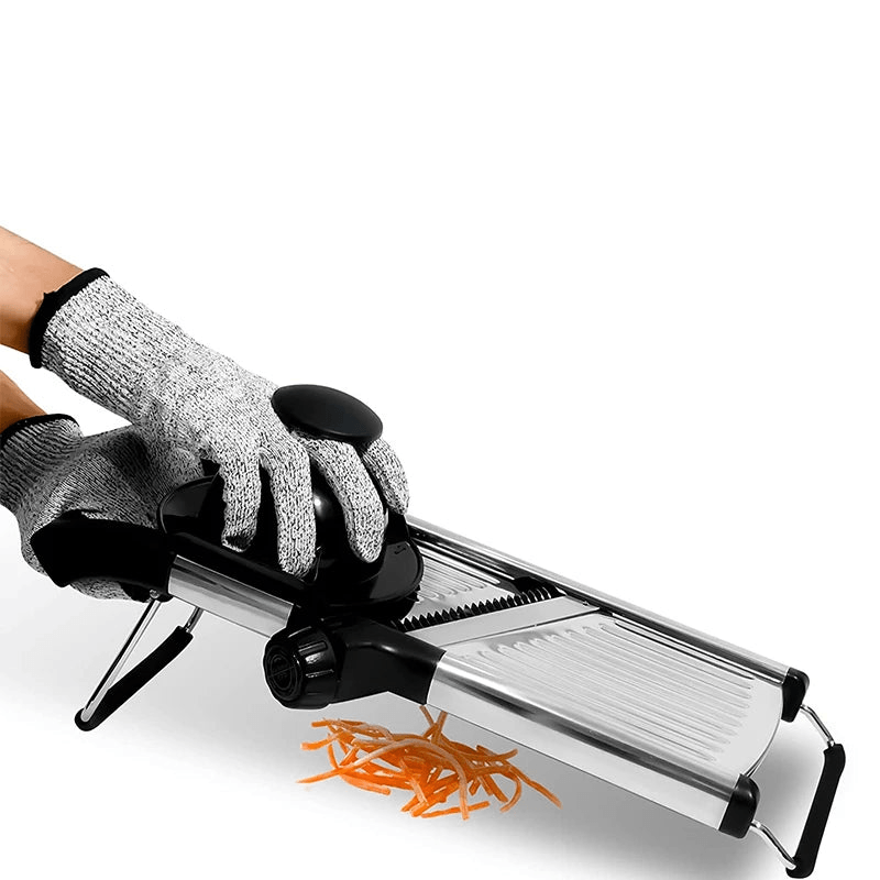 Adjustable mandoline slicer with stainless steel blades for vegetables, cheese, and fruit.