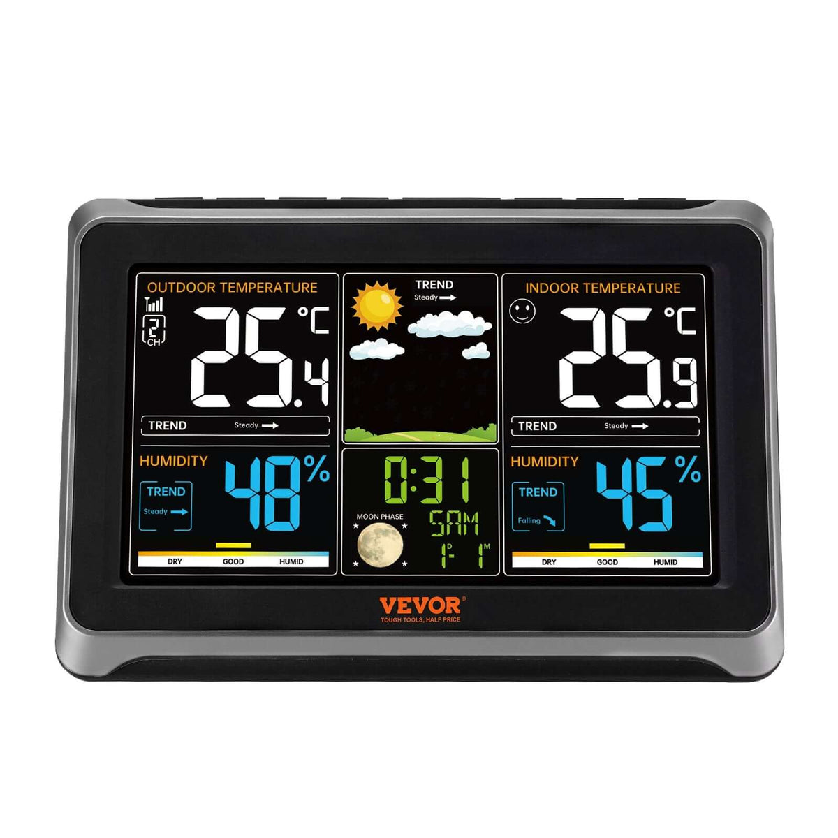 wireless weather station with outdoor sensor displaying indoor and outdoor temperatures on 7.5-inch color screen