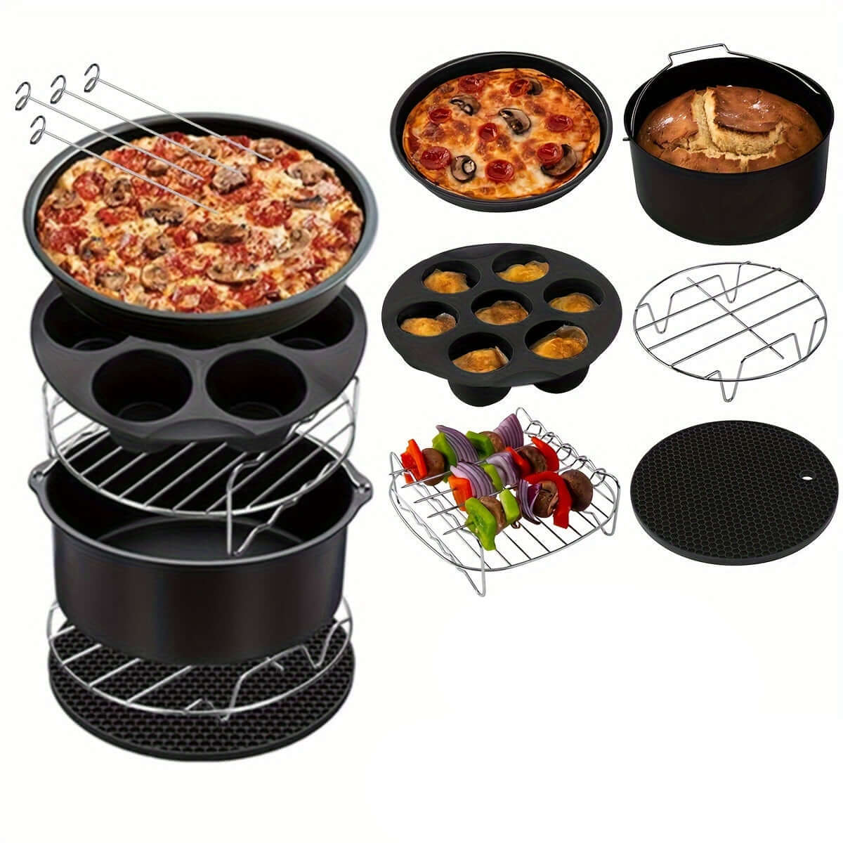 11-piece air fryer accessory kit with pizza pan and versatile cooking tools.