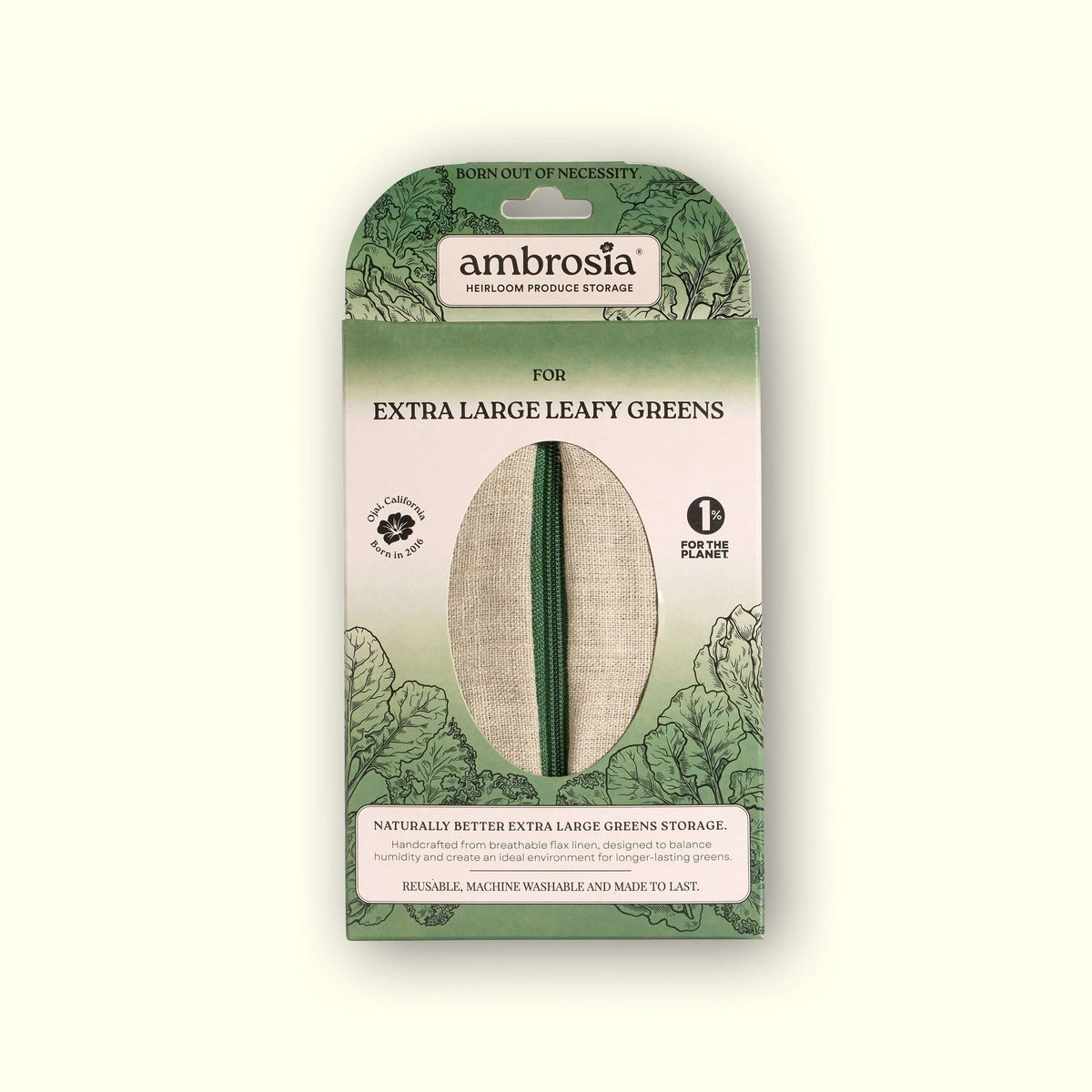 Ambrosia packaging for extra large leafy greens storage bag, featuring breathable material for freshness.