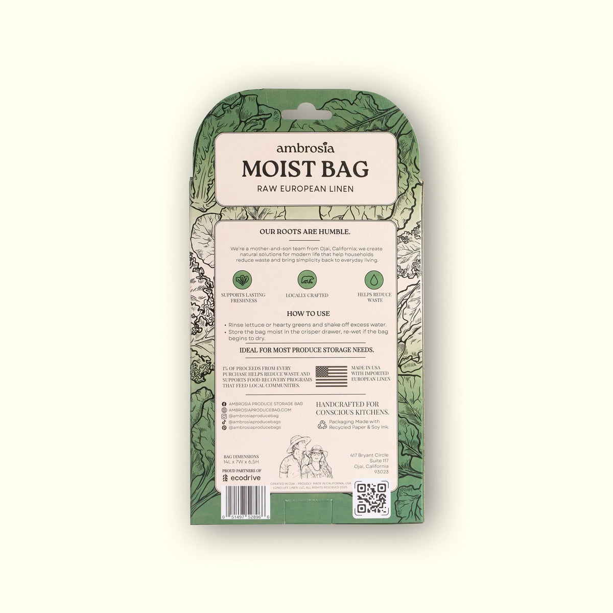 Ambrosia XL Leafy Greens Bag packaging for extra large leafy greens storage bag, highlighting moisture and storage benefits.