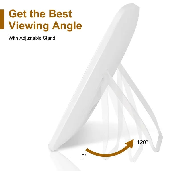 rechargeable LED makeup mirror with adjustable stand showing 120-degree viewing angle range