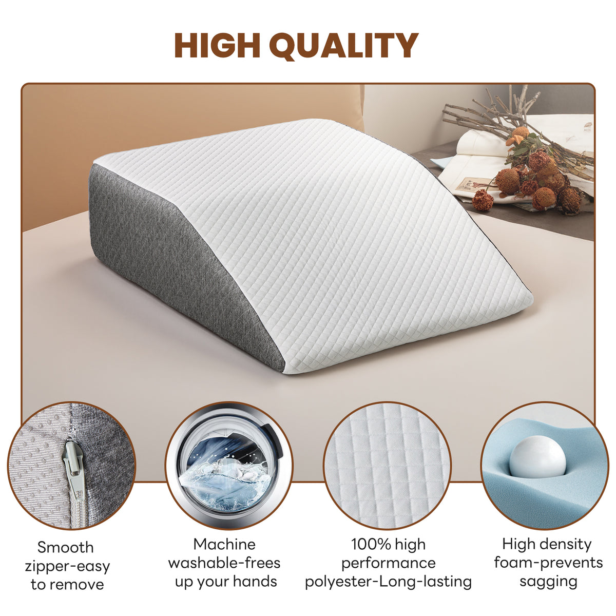 memory foam wedge pillow for bed with machine washable cover and high density foam