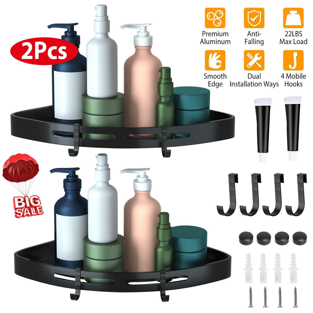 no-drill corner shower shelves 2-pack with aluminum construction, adhesive mounting, and 22lbs max load capacity