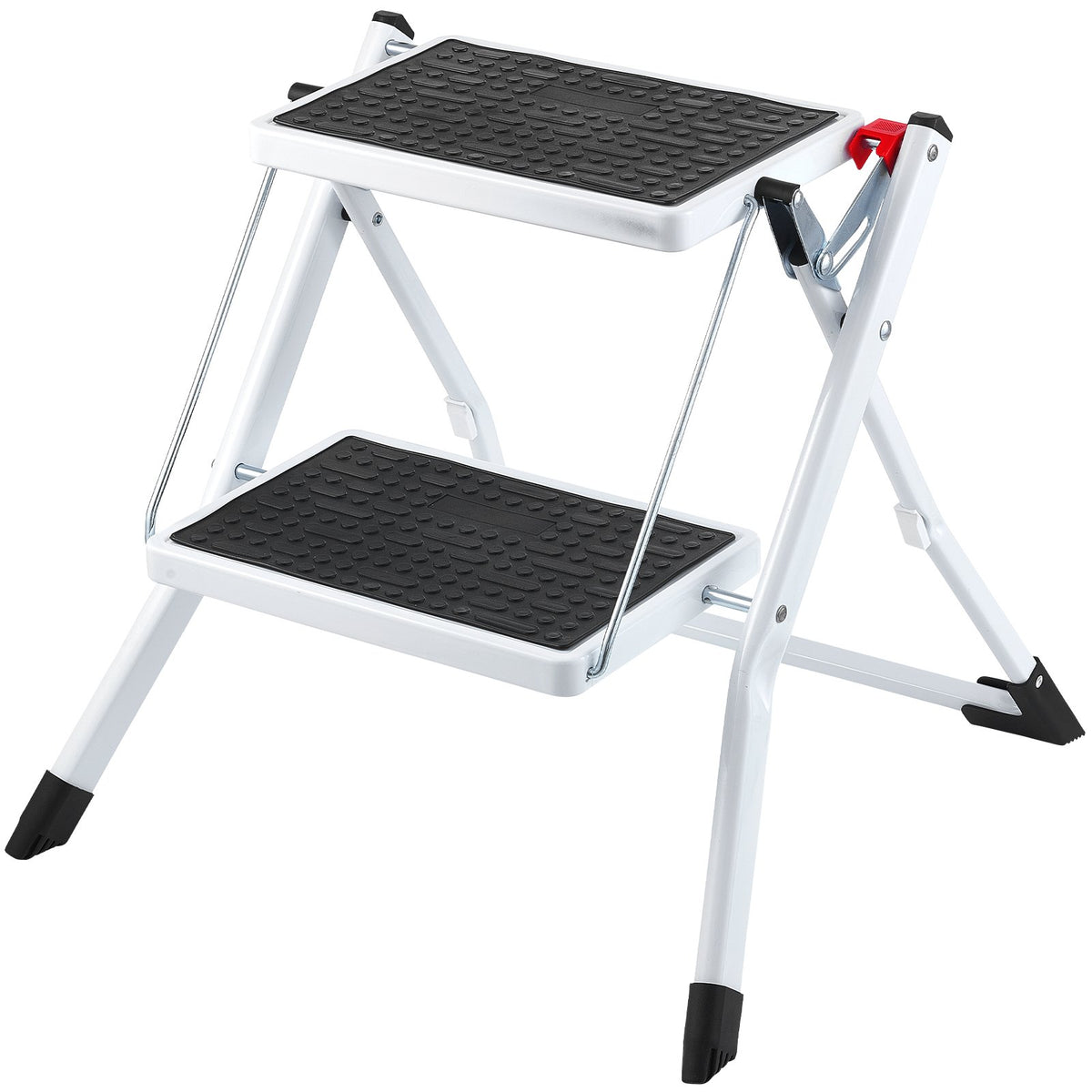 Multicolored 2-step folding steel step stool with non-slip steps, white frame with black treads and red lock