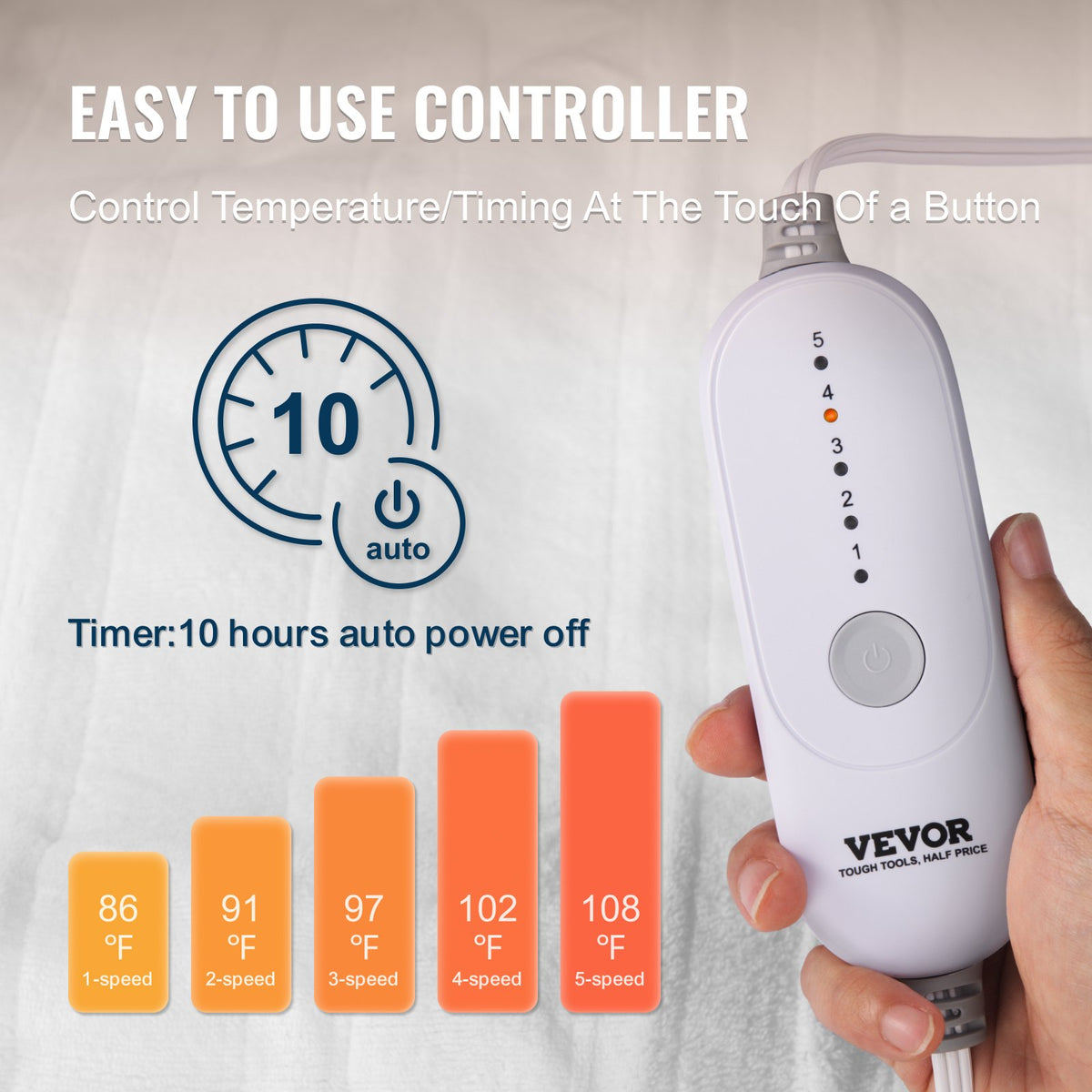 twin heated mattress pad controller with five heat settings from 86°F to 108°F and 10-hour auto timer