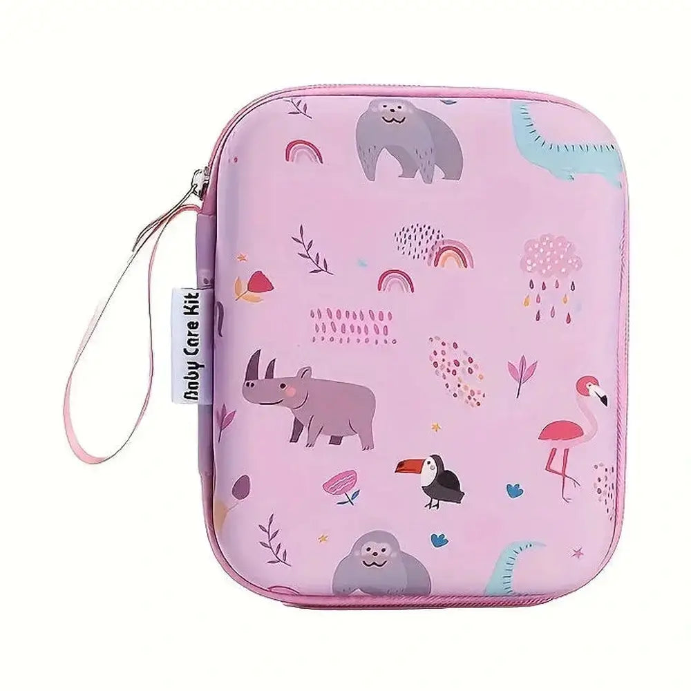 Cute pink zippered case featuring animal designs for baby grooming kit essentials.