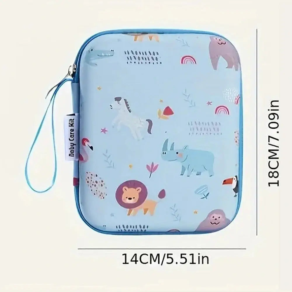 Colorful blue zippered case for baby grooming kit essentials featuring playful animal illustrations.