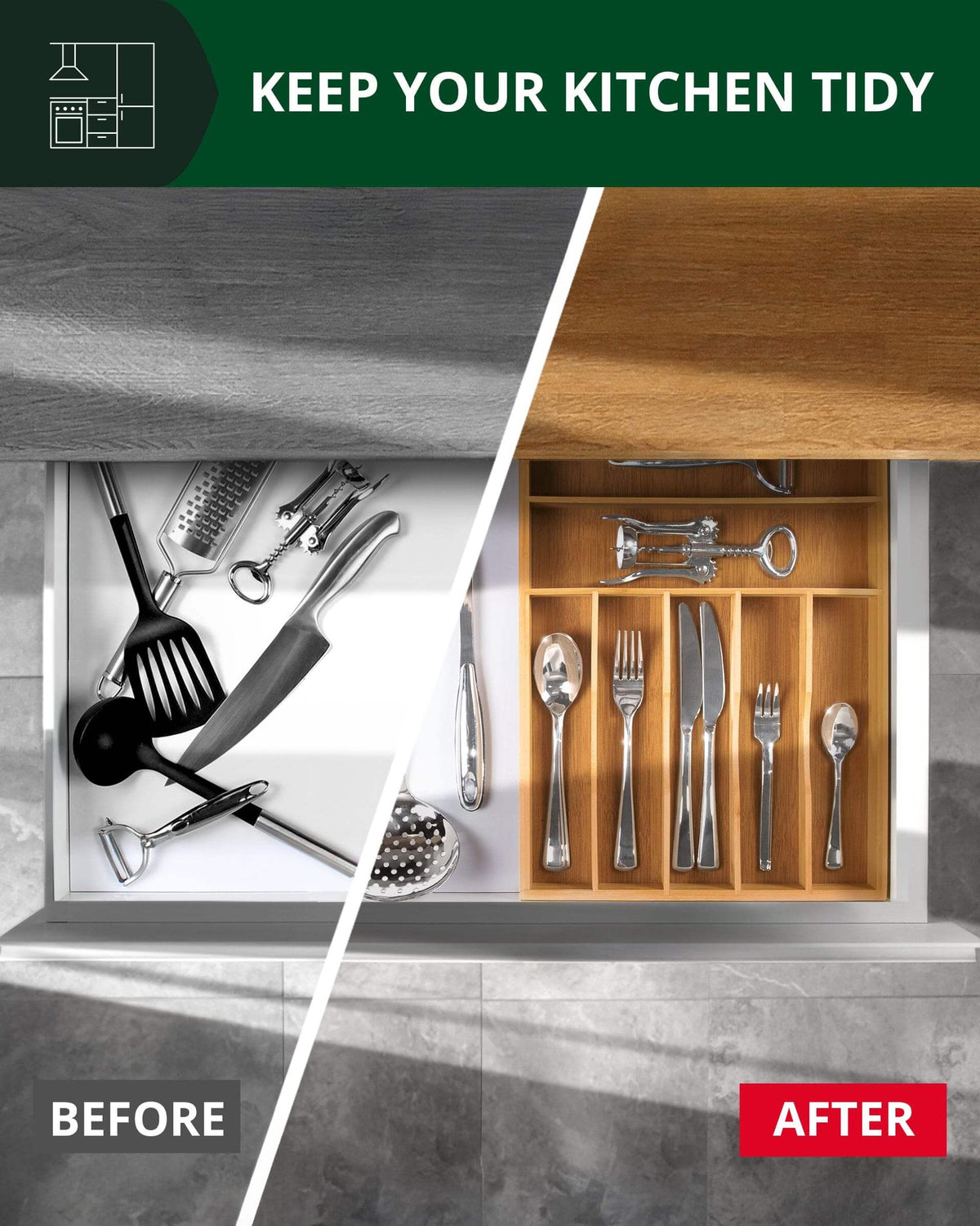 bamboo silverware drawer organizer before and after kitchen organization Royal Craft Wood