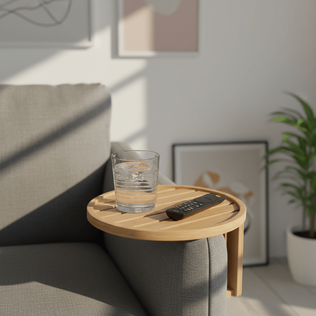 Sofa armrest tray with a glass of water and remote on a grey couch, promoting convenient living room organization.