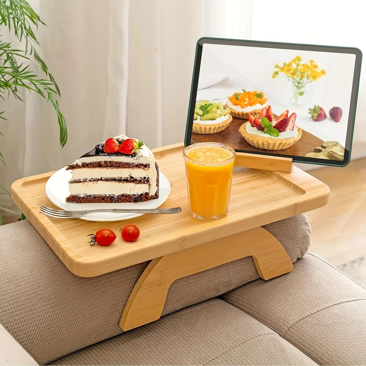 Bamboo Sofa Armrest Tray with Phone Holder – Foldable Side Table for Snacks & Drinks – Sofa Tray
