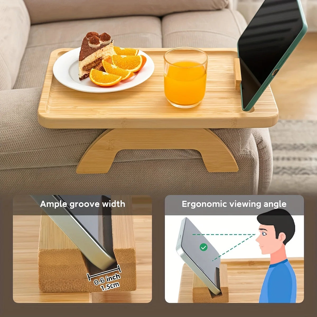 Bamboo Sofa Armrest Tray with Phone Holder – Foldable Side Table for Snacks & Drinks – Sofa Tray