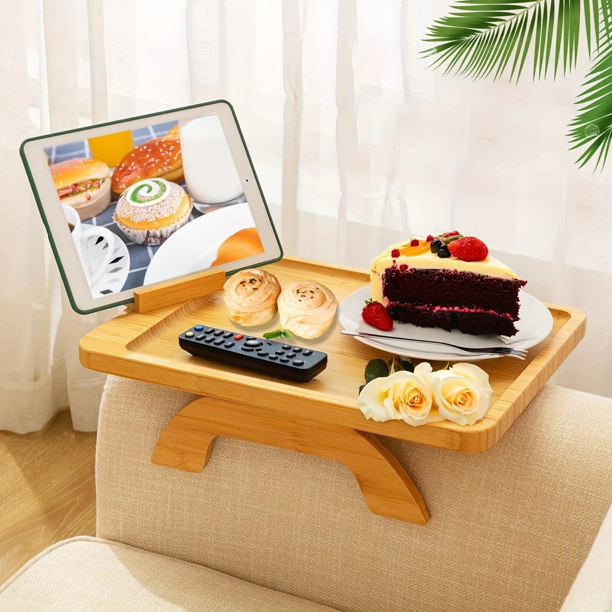 Bamboo Sofa Armrest Tray with Phone Holder – Foldable Side Table for Snacks & Drinks – Sofa Tray