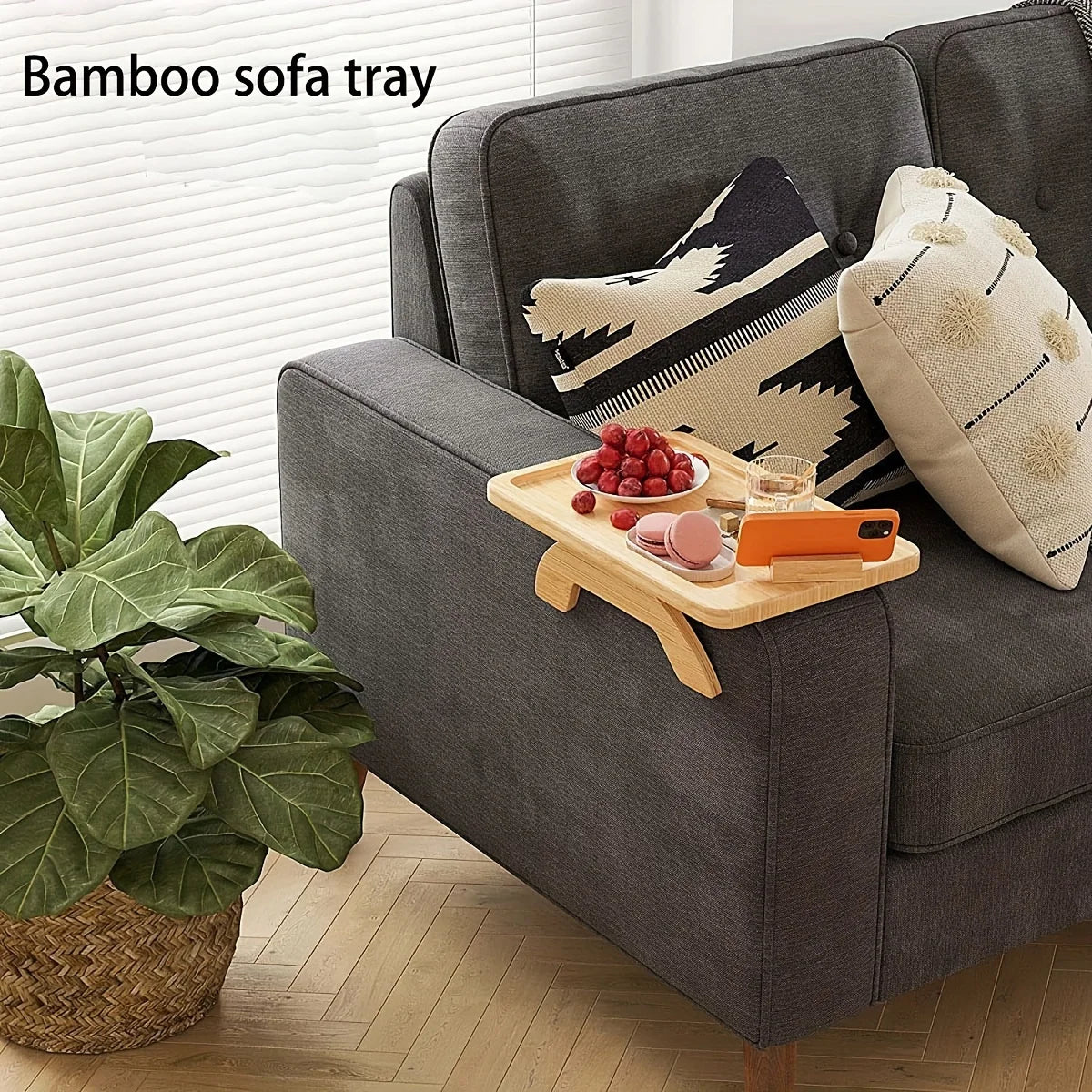 Bamboo Sofa Armrest Tray with Phone Holder – Foldable Side Table for Snacks & Drinks – Sofa Tray