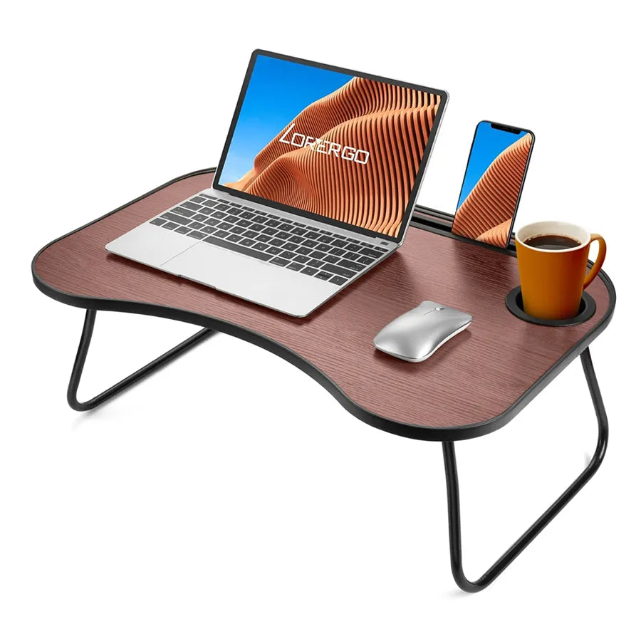 folding lap desk with cup holder in black walnut finish holding laptop, tablet, and coffee mug