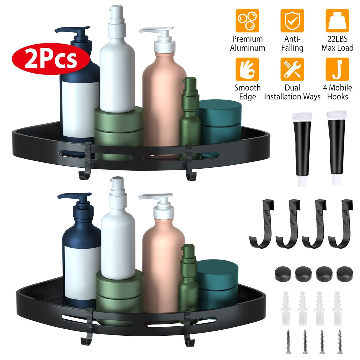 no-drill corner shower shelves 2-pack aluminum with bottles and accessories display
