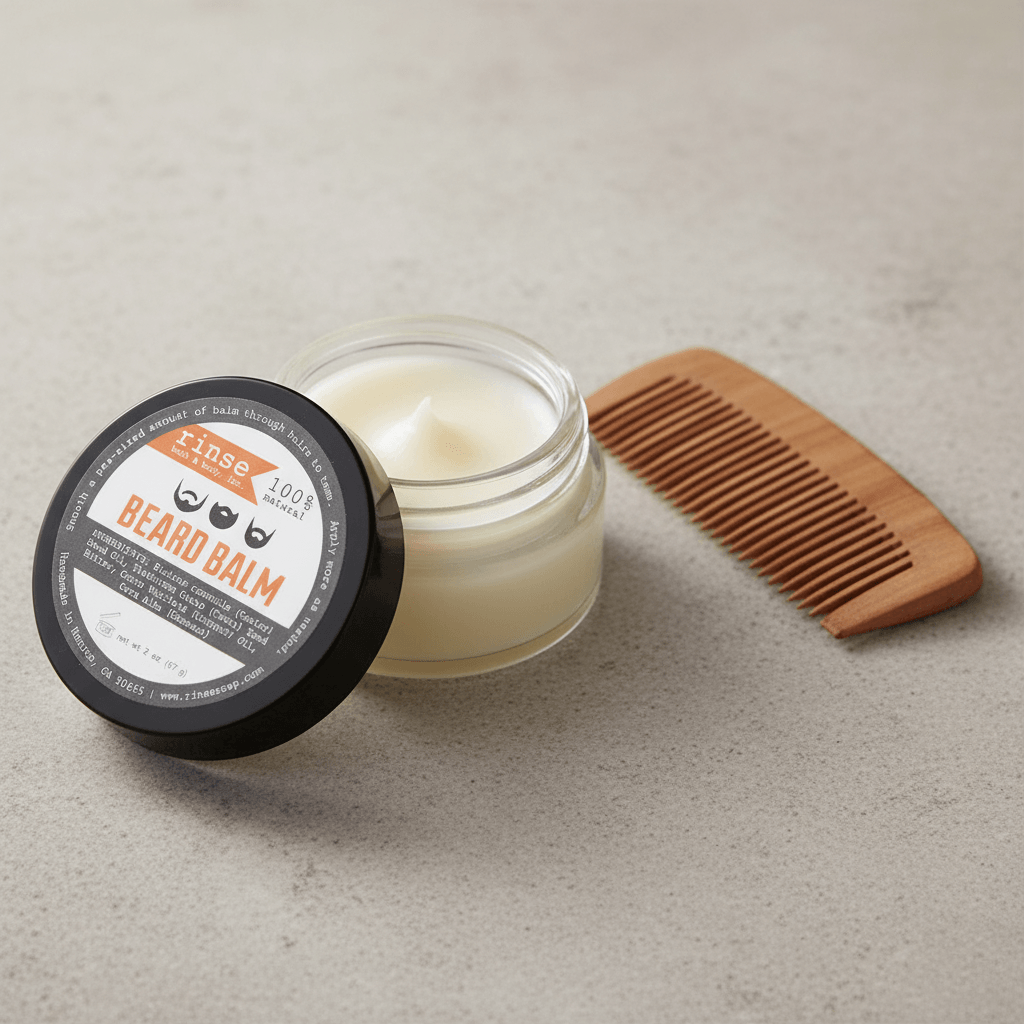 Close-up of the beard balm's texture in an open tin.