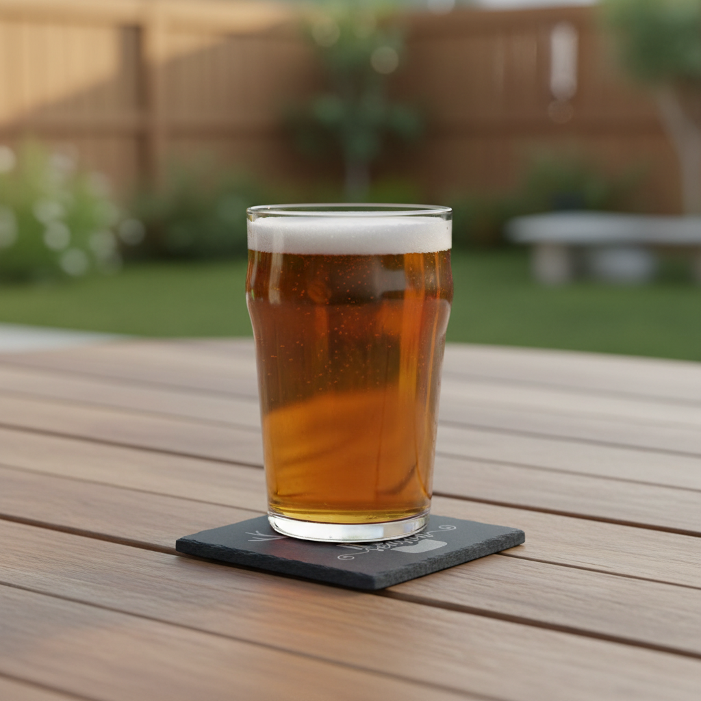 Beer Season coaster with a pint on a patio table