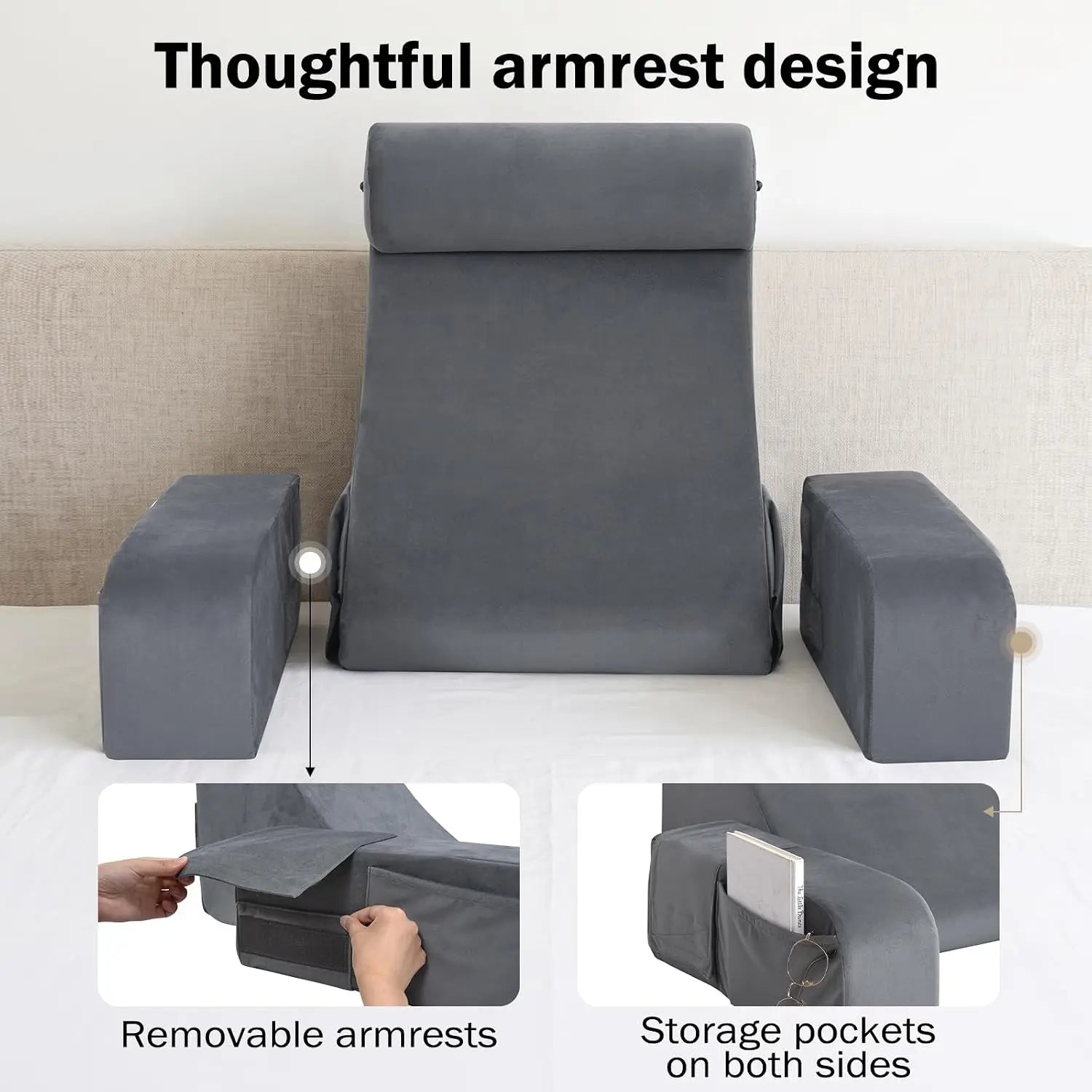 Reading Pillow with Armrests & Pockets – 45° Back Support Pillow for Bed – Pillows & Cushions