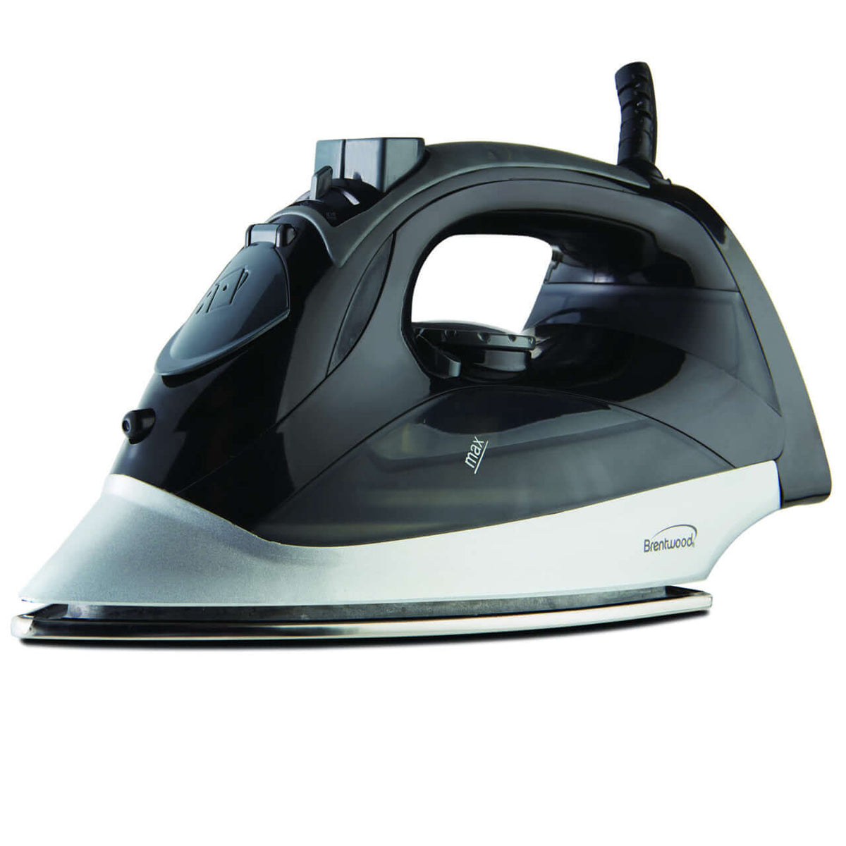 Brentwood steam iron in black with a non-stick stainless steel soleplate.