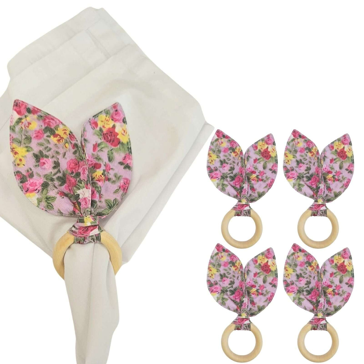 Set of four handcrafted bunny ear napkin rings in eco-friendly cotton and wood.