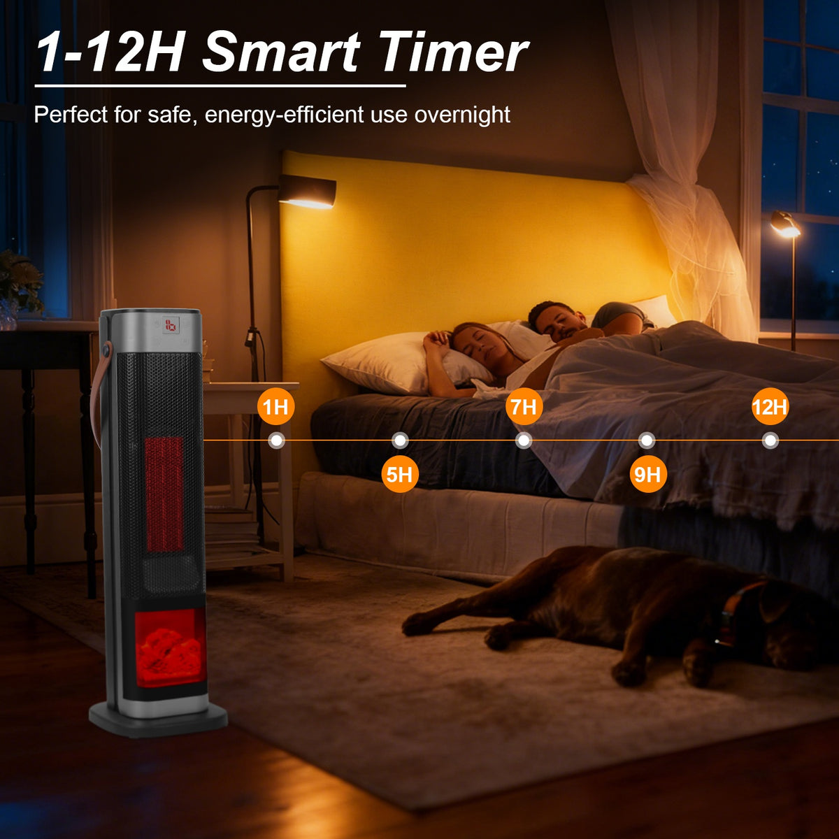 ceramic tower heater with remote control 1500W with flame effect and smart timer for bedroom