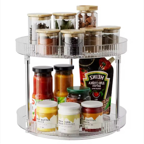 2-tier lazy susan spice organizer with clear transparent rotating turntable holding spices and jars