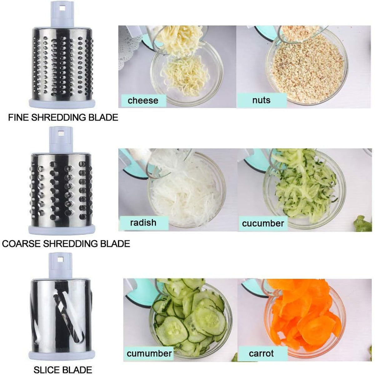 mandoline vegetable slicer with interchangeable blades showing shredding and slicing results for cheese, nuts, vegetables