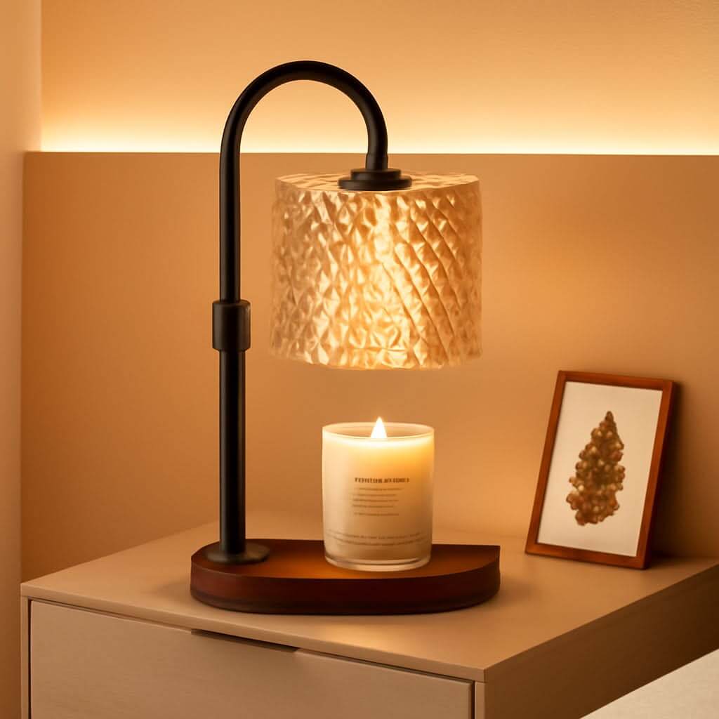 Candle warmer lamp with 4-level dimmer and timer for flame-free fragrance.